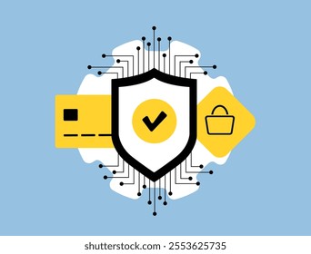 Data Security in E-commerce Transactions. Secure online transactions with advanced encryption and bank credit card fraud prevention. Illustration with shield protecting digital transactions