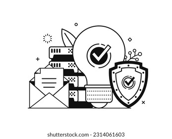 Data security and firewall files protection setup concept for website and mobile applications. Online privacy management illustration in line art design. Internet cybersecurity scene.