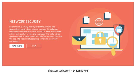 Data security flat illustration concept. Laptop with shield and lock. Creative flat icons set