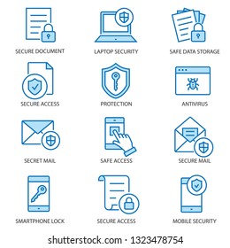 Data security flat line icons. Set of protection, shield, safety, access, secure and more. Editable Stroke.