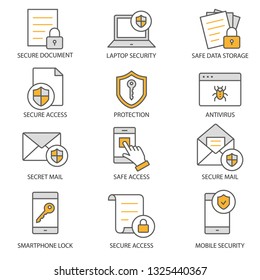 Data security flat line icons. Set of protection, shield, safety, access, secure and more. Editable Stroke.