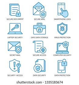 Data security flat line icons. Set of protection, shield, safety, access, secure and more. Editable Stroke.