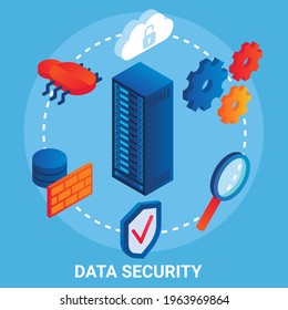 Data security flowchart, vector illustration. Isometric data center server racks, cloud, shield, computer bugs, gears, magnifying glass. Cloud technologies and data protection.