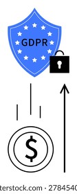 Data security, GDPR compliance, financial growth, cybersecurity, privacy protection, business regulation. Blue shield with GDPR text, lock icon dollar symbol upward arrow. GDPR compliance
