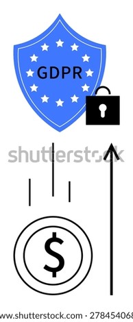 Data security, GDPR compliance, financial growth, cybersecurity, privacy protection, business regulation. Blue shield with GDPR text, lock icon dollar symbol upward arrow. GDPR compliance