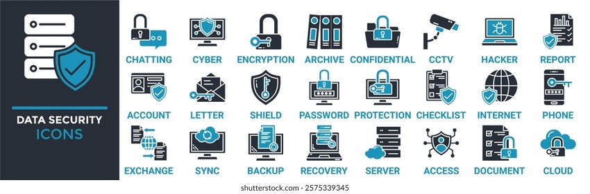 Data security icon set. Containing chatting, cyber, encryption, archive, confidential, cctv, hacker, report and more. Solid vector icons collection