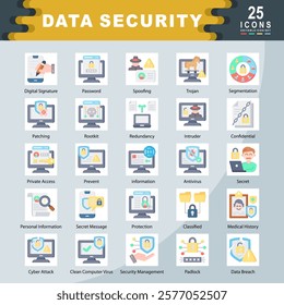 Data Security icon set containing Digital Signature, Password, Spoofing, Trojan, Segmentation, Patching, Redundancy, Intruder, Confidential, Prevent icon. Simple flat vector