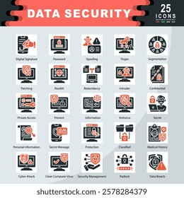 Data Security icon set containing Digital Signature, Password, Spoofing, Trojan, Segmentation, Patching, Redundancy, Intruder, Confidential, Prevent icon. Simple vector illustration