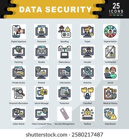 Data Security icon set containing Digital Signature, Password, Spoofing, Trojan, Segmentation, Patching, Redundancy, Intruder, Confidential, Prevent icon. Simple flat line vector