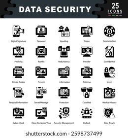 Data Security icon set containing Digital Signature, Password, Spoofing, Trojan, Segmentation, Patching, Redundancy, Intruder, Confidential, Prevent icon. Simple black vector
