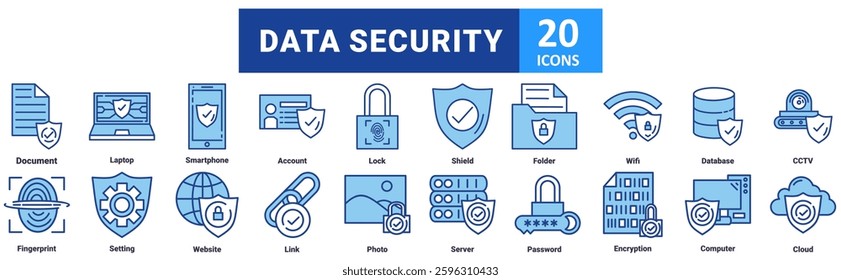 Data Security icon set with icon Document, Laptop, Smartphone, Account, Lock, Shield, Folder, Wifi, Database, CCTV, Fingerprint, Setting, Website, Link, Photo, Server, Password, Encryption, Computer