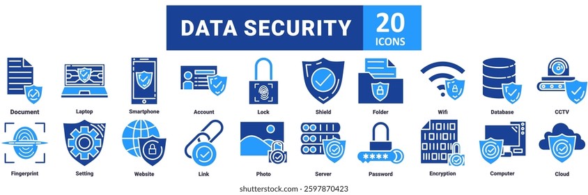 Data Security icon set with icon Document, Laptop, Smartphone, Account, Lock, Shield, Folder, Wifi, Database, CCTV, Fingerprint, Setting, Website, Link, Photo, Server, Password, Encryption, Computer