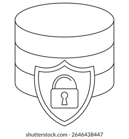 Data Security icon. Vector pictogram with thin black lines on transparent background. Stroke thickness is editable. Icon shows a database with a shield and padlock for secure data storage