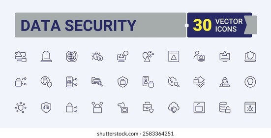 Data Security icons set. Contains such icons as security, phone, car, account, server, secure, privacy, shield. Outline symbol collection. Editable vector stroke.