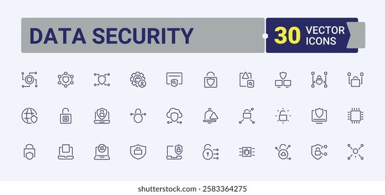 Data Security icons set. Contains such icons as security, phone, car, account, server, secure, privacy, shield. Outline symbol collection. Editable vector stroke.