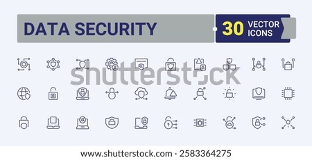 Data Security icons set. Contains such icons as security, phone, car, account, server, secure, privacy, shield. Outline symbol collection. Editable vector stroke.