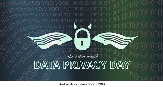 Data security illustration, privacy safety, eps10; white lock and wings on blue, green and violet digital background