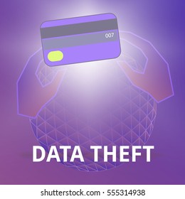 Data security illustration, privacy safety, eps10; hands holding credit card,globe on violet  background