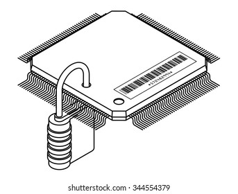 Data security / infosec concept: a combination lock padlock on a computer microchip.