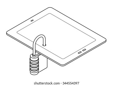 Data security / infosec concept: a combination lock padlock on a tablet.