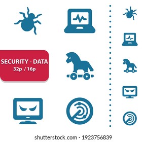 Datensicherheit, Internetsicherheit, Antivirussymbole. Professionelle, Pixel perfekte Symbole, EPS10-Format, optimiert für 32 p und 16 p