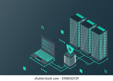Data security isometric illustration. Illustration of a server laptop and firewall. Isometric technology. Vector illustration