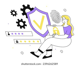 Data security line concept. Woman near shield with fingerprint. Safety for personal data on internet. Login and password, authorization. Linear flat vector illustration isolated on white background