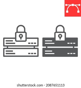 Datensicherheitszeile und -symbol, Datenbank- und Vorhängeschloss, Server mit Schloss-Vektorsymbol, Vektorgrafik, bearbeitbares Strichkurszeichen, eps10.
