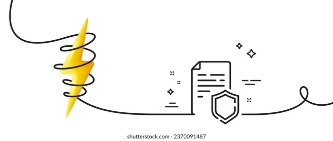 Data security line icon. Continuous one line with curl. Privacy document sign. Defense shield symbol. Data security single outline ribbon. Loop curve with energy. Vector
