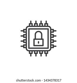 Data security line icon. CPU Processor with padlock linear style sign for mobile concept and web design. Computer microchip with lock outline vector icon. Symbol, logo illustration. Vector graphics