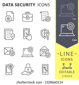 Data security line icons. Set of protection, access, safe, secure, antivirus and more. Vector illustration isolated for graphic and web design. Editable stroke.