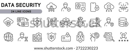 Data Security line icons set showing Cybersecurity, Privacy, Authentication, Protection, Identity. Editable stroke outline design