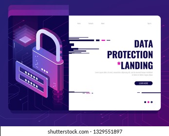 Data security, lock with login form, user authentication, password entry and check, digital safety i internet, firewall isometric concept, landing page of information access, ultraviolet vector