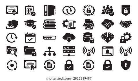 Data security and management icons set for web development with artificial intel