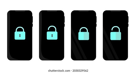 Data security on phone icon set. Lock on screen safety symbol. Protection collection isolated vector illustrations.