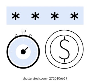 Data security, password protection, online payment, financial management, time tracking, productivity. Visual includes password bar, stopwatch dollar sign. s password protection online payment