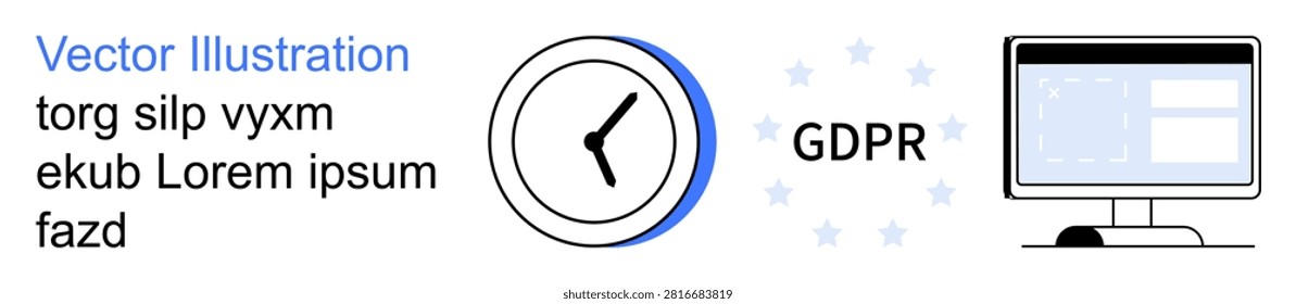 Data security, privacy compliance, digital regulations, GDPR policy, time management, internet safety. Circular clock with GDPR text and a computer visualization. Data security and privacy compliance