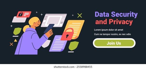 Data Security and Privacy concept colorful illustration of a person using a smartphone with security icons and documents on a dark background