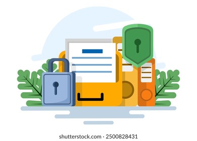 Concepto de seguridad y privacidad de datos. Protección de archivos. Información confidencial segura. Los datos del documento aseguran el acceso secreto bloqueado. protección de la privacidad, cerradura electrónica digital del secreto personal. Vector.