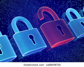 Data security and privacy concept: opened padlock on digital screen background. Visualization of personal or business information safety. Cybercrime or network hacker attack. EPS10 vector illustration