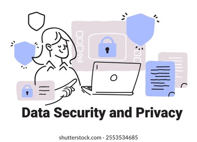 Data security and privacy concept woman using laptop surrounded by shields and documents minimalist sketch style