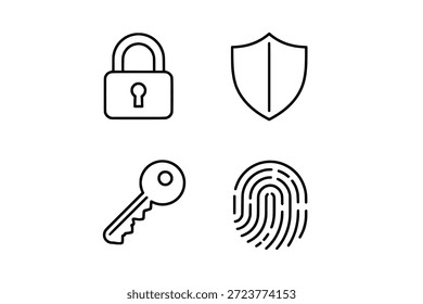 Conjunto de iconos de seguridad de datos y protección de la privacidad con llave de escudo de candado y huella digital para conceptos de seguridad cibernética.