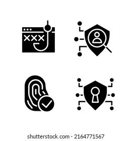 Data security and protection black glyph icons set on white space. Biometrics technology. Access control. Online safety. Silhouette symbols. Solid pictogram pack. Vector isolated illustration