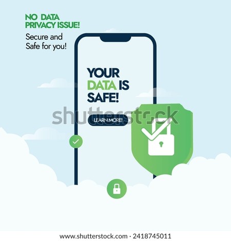 Data security and protection concept. Data security, cyber security concept banner with lock symbol on mobile screen. No data privacy issue. Your data is safe learn more, banner and post. 