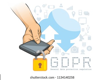 Data security protection concept illustration - hand with locked smartphone on the background of cloud storage