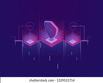 Data security protection, isometric abstract banner of digital information technology, cryptography and network, ultraviolet neon vector