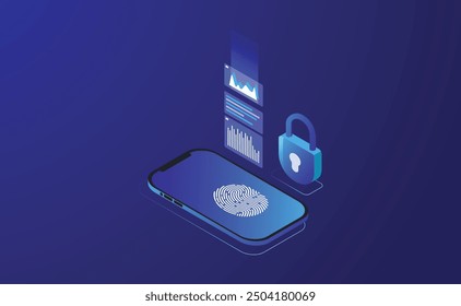 Data Security Protection isometric vector deseign. shield for personal data. fingerprints illustration. protection concept with icon of a lock and fingerprints.