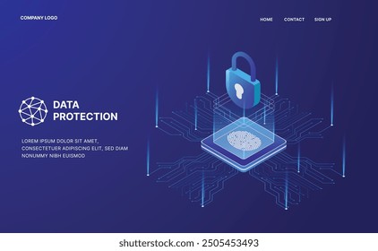 Diseño de Vector isométrico de protección de seguridad de datos. escudo para datos personales. ilustración de huellas dactilares. concepto de protección con ícono de un candado y huellas dactilares.