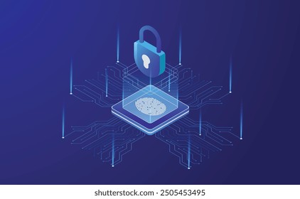 Data Security Protection isometric vector deseign. shield for personal data. fingerprints illustration. protection concept with icon of a lock and fingerprints.