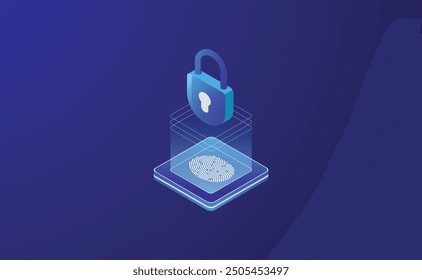 Data Security Protection isometric vector deseign. shield for personal data. fingerprints illustration. protection concept with icon of a lock and fingerprints.